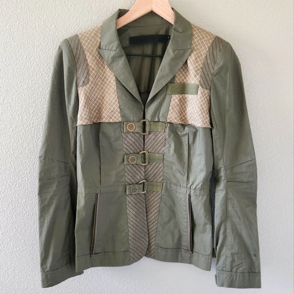 Vintage Y2K L.A.M.B. Jacket Size 4 Gwen Stefani Olive Green Plaid Cotton Linen - Picture 1 of 16